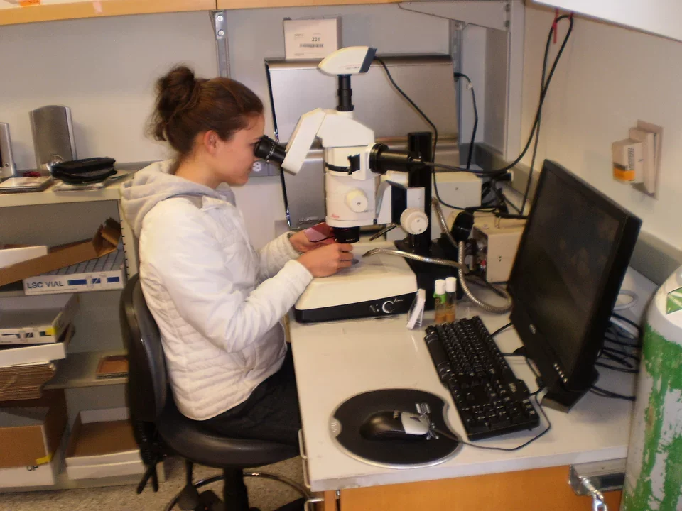 woman looking into microscope in lab